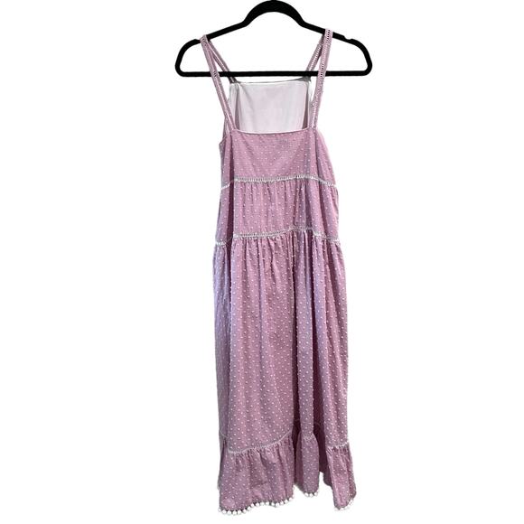 Maggy London Pink Swiss Dot Tiered Midi Pom-Pom Sundress Size 2 Coquette Cottage - Picture 2 of 6